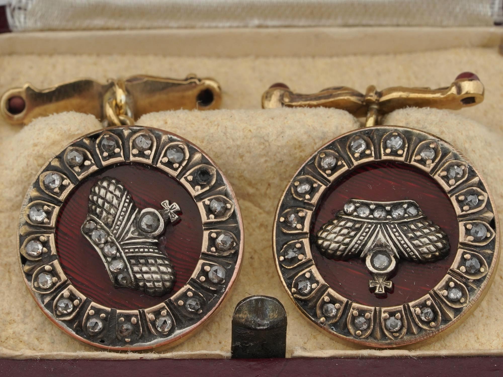 RUSSIAN 84 SILVER DIAMOND AND ENAMEL CUFF LINKS PIC-0